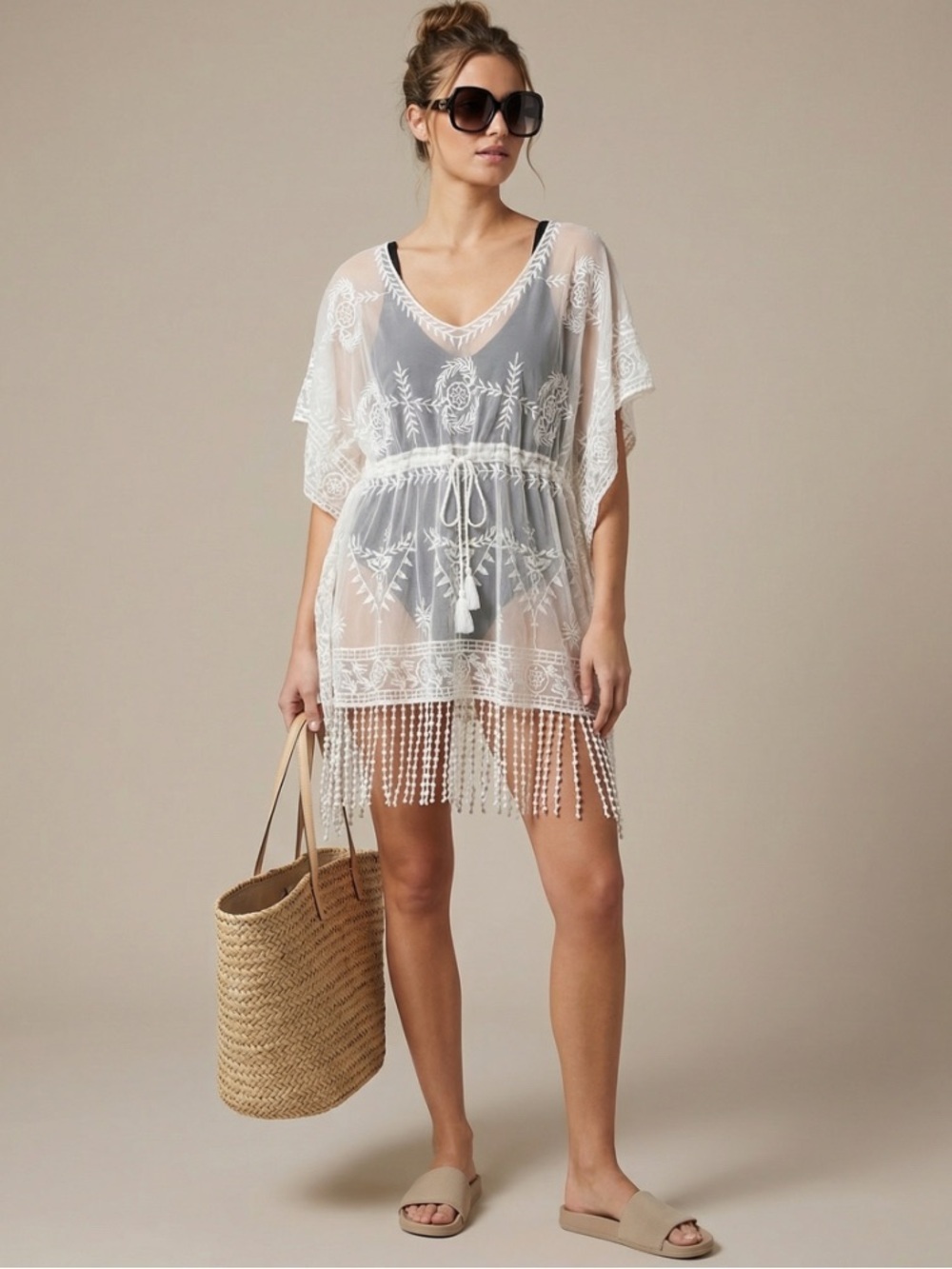 Rachel Zoe off White embroidered Lace boho western Cover-Up vacation resortwear - Picture 3 of 10